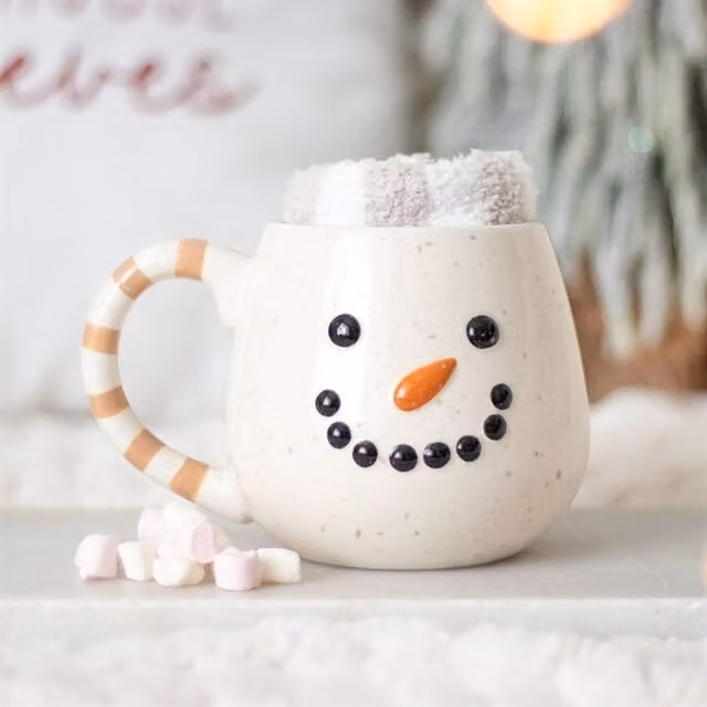 KDMK Snowman Mug and Socks Set, White Ceramic, Microwave Safe