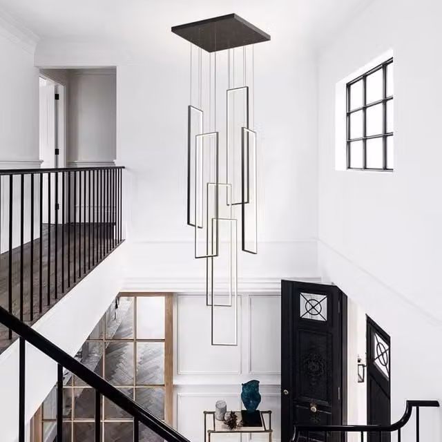 Garwarm 6-Light Modern Rectangular LED Dimmable Suspended Staircase Chandelier in Black