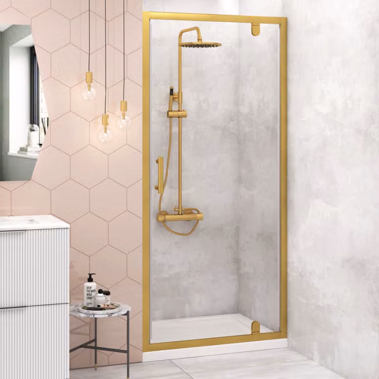 Royal Bathrooms Venice Pivot Shower Door in Brushed Brass with 6mm Glass, W: 100 cm, H: 185 cm