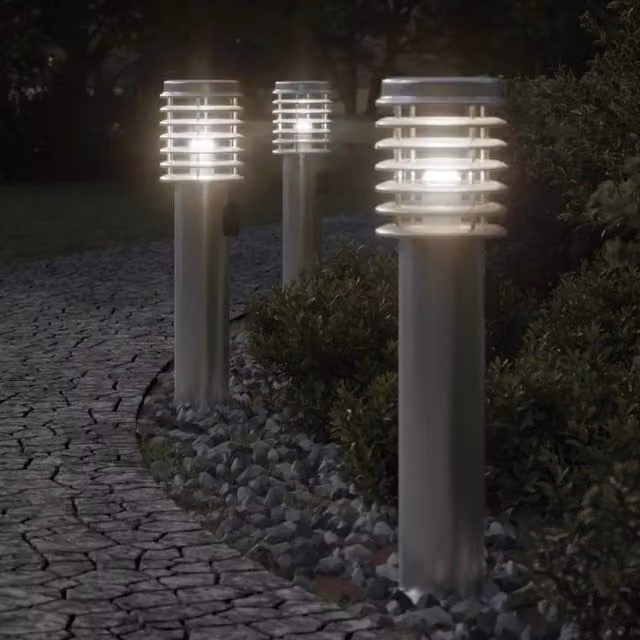 Berkfield Home Set of 3 Silver Stainless Steel Outdoor Floor Lamps with Outlet, Height: 60 cm