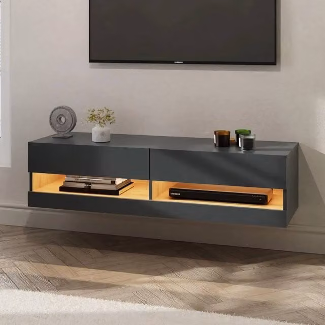 FORGEVIO Minimalist Wall Mounted TV Media Entertainment Unit with Integrated LED Lighting in Anthracite Grey, Width: 120 cm – 1