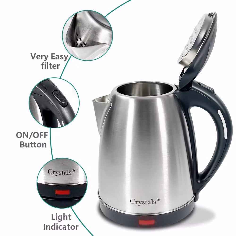 Crystals 1.8L Stainless Steel Electric Kettle with 360 Degree Base and Red LED Light, 1500W, Metallic Silver, Diameter: 24 cm – 3
