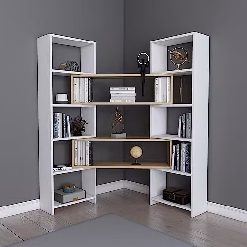 DECOROTIKA Poyraz 5-tier Bookcase Shelving Unit in White and Oak, H 165 x W 22 x D 25 cm