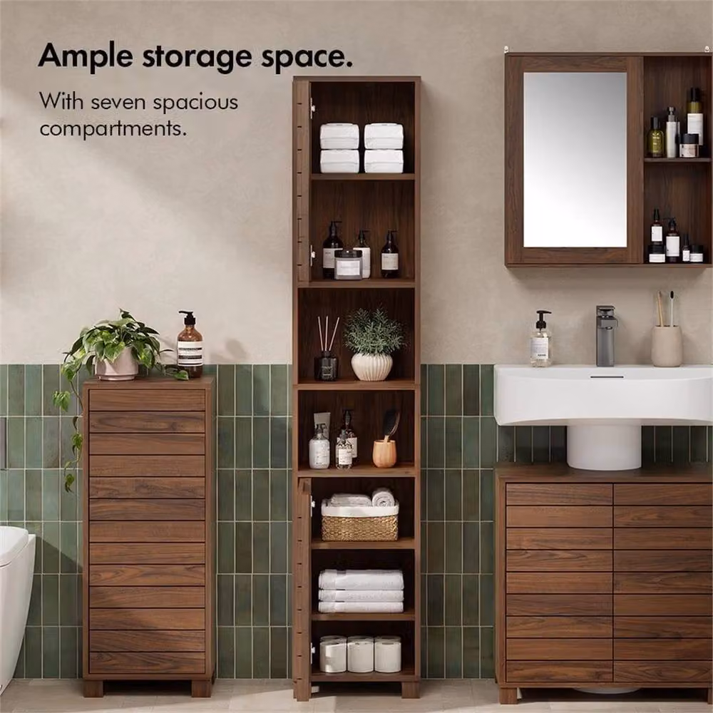 EONLION Tall Brown Wood Bathroom Storage Cabinet with Hinged Doors and Internal Shelves, H 165 x W 34 x D 23 cm – 4