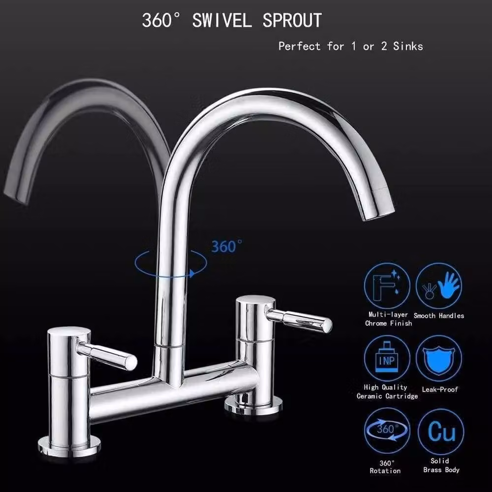 FORGEVIO Modern Dual Lever Chrome Kitchen Sink Mixer Tap in Silver – 3