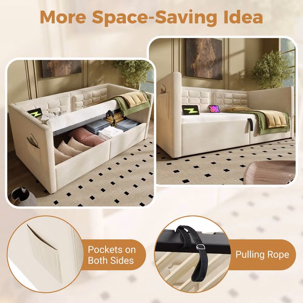 BTM Velvet Upholstered Daybed in Beige with USB Charging Port and Hydraulic Lift-Up Storage, W/D/H: 190 x 90 x 75 cm – 4