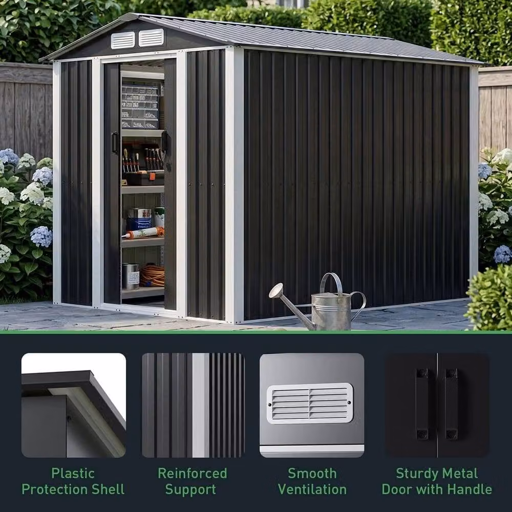 PAWNORA Black Galvanised Steel Metal Garden Storage Shed with Double Doors and Gable Roof – 2