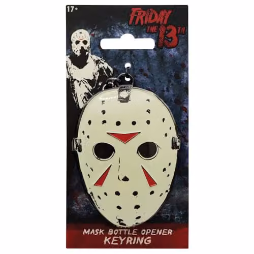 FaNaTtik Friday the 13th Jason Voorhees Hockey Mask Metal Bottle Opener Keyring in Black Nickel with White and Black Details, 7.9 x 6.0 cm – 2