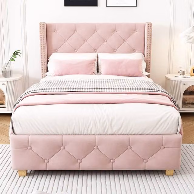 BTM Pink Velvet Upholstered Single Bed with Headboard, W/D/H: 90 x 190 cm