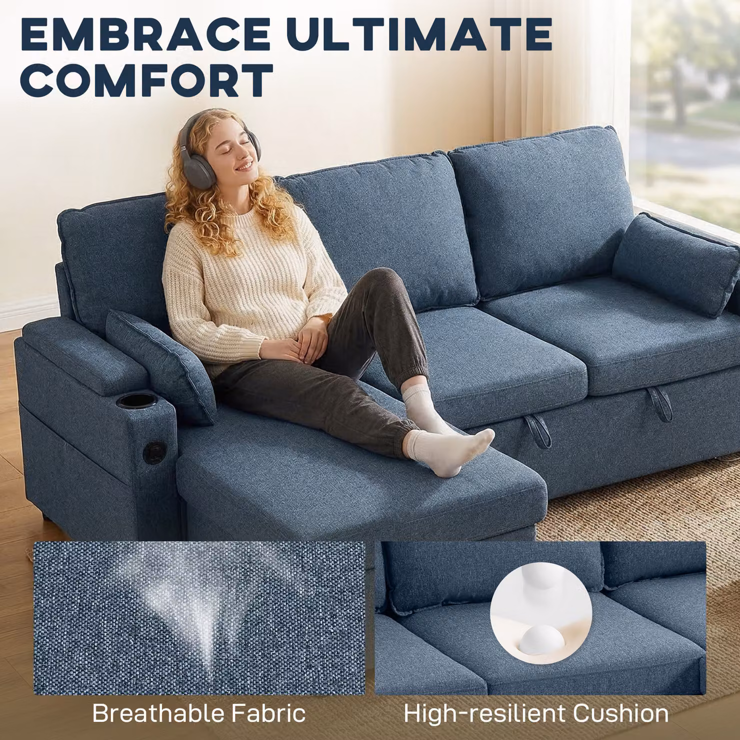 HOMCOM L-Shaped Corner Sofa Bed in Blue with Reversible Storage Chaise, USB Charging and Cup Holders – 4