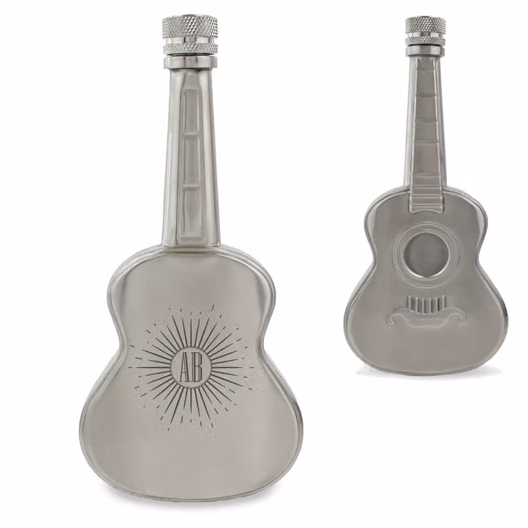 Uniqueful Personalised Engraved Silver Stainless Steel Guitar Sunburst Design Hip Flask, 150 ml