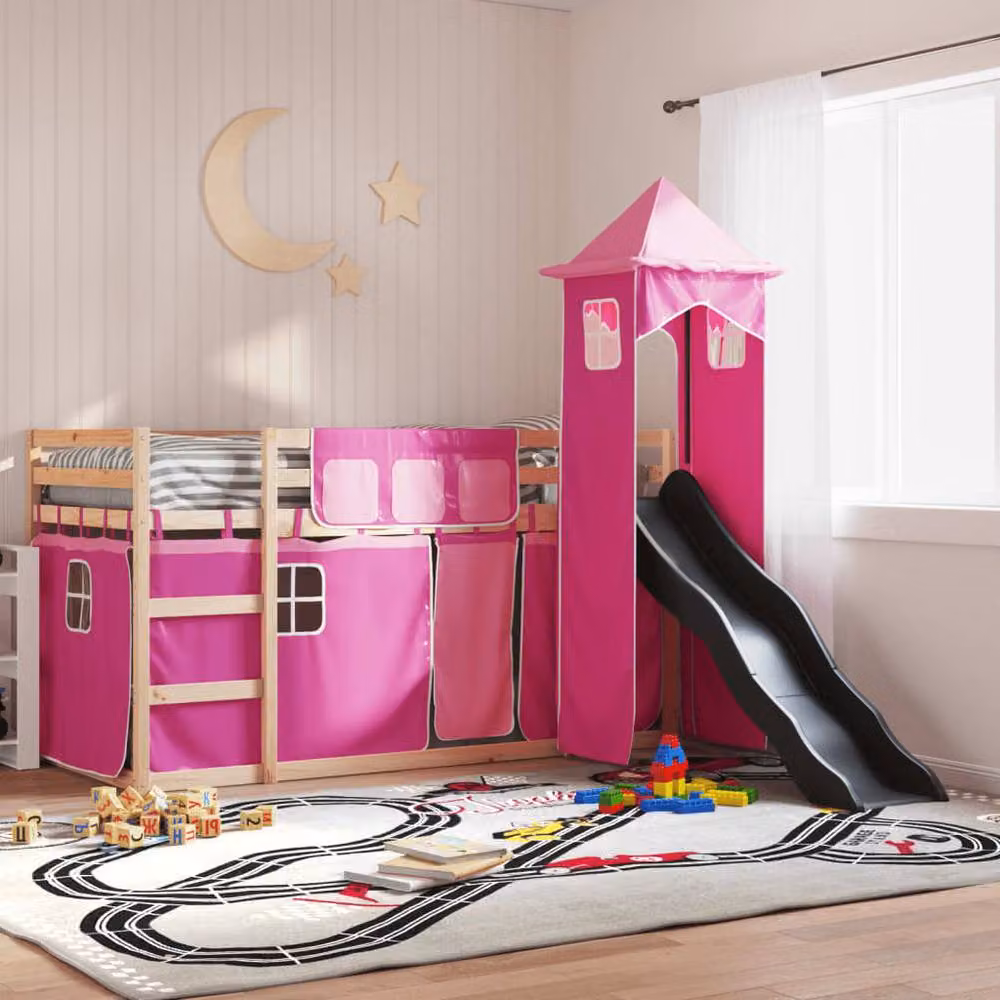 Berkfield Home Pink Solid Wood Childrens Bunk Bed with Slide and Curtains W/D/H: 80 x 200 cm – 2