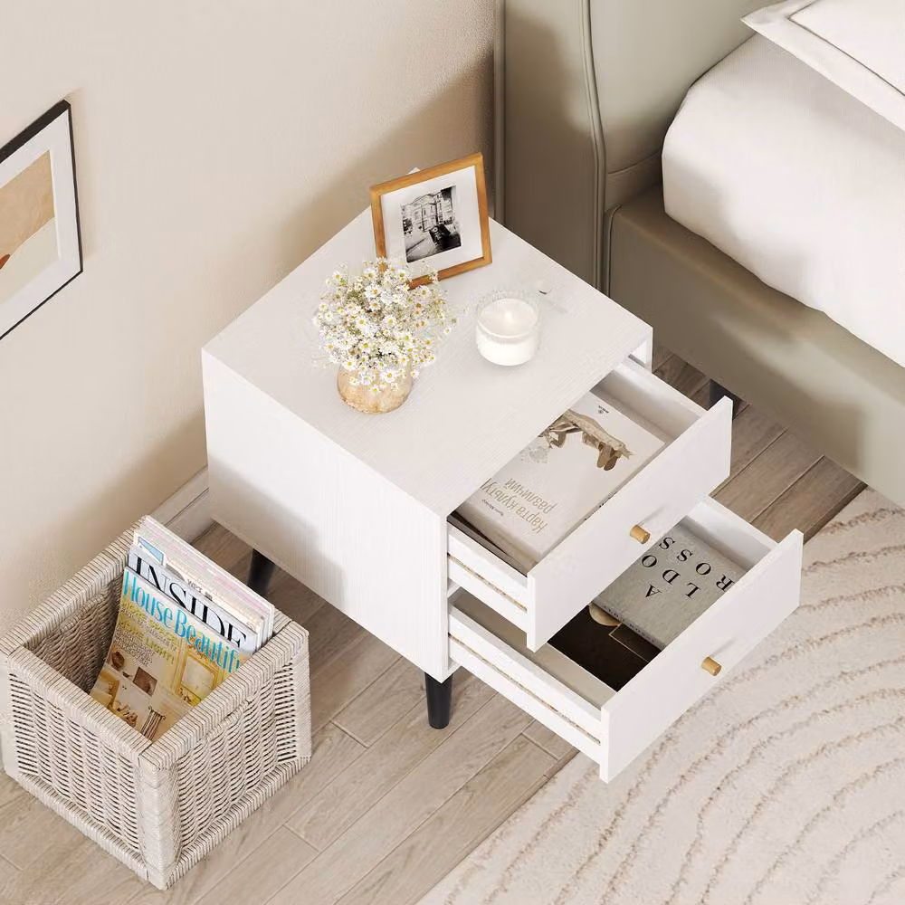 Gymax Mid Century Modern Bedside Table with 2 Drawers in White – 2