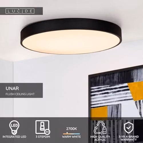 Lucide Unar Flush Ceiling Light, Black, Diameter: 49.5 cm, Dimmable LED Warm White – 2
