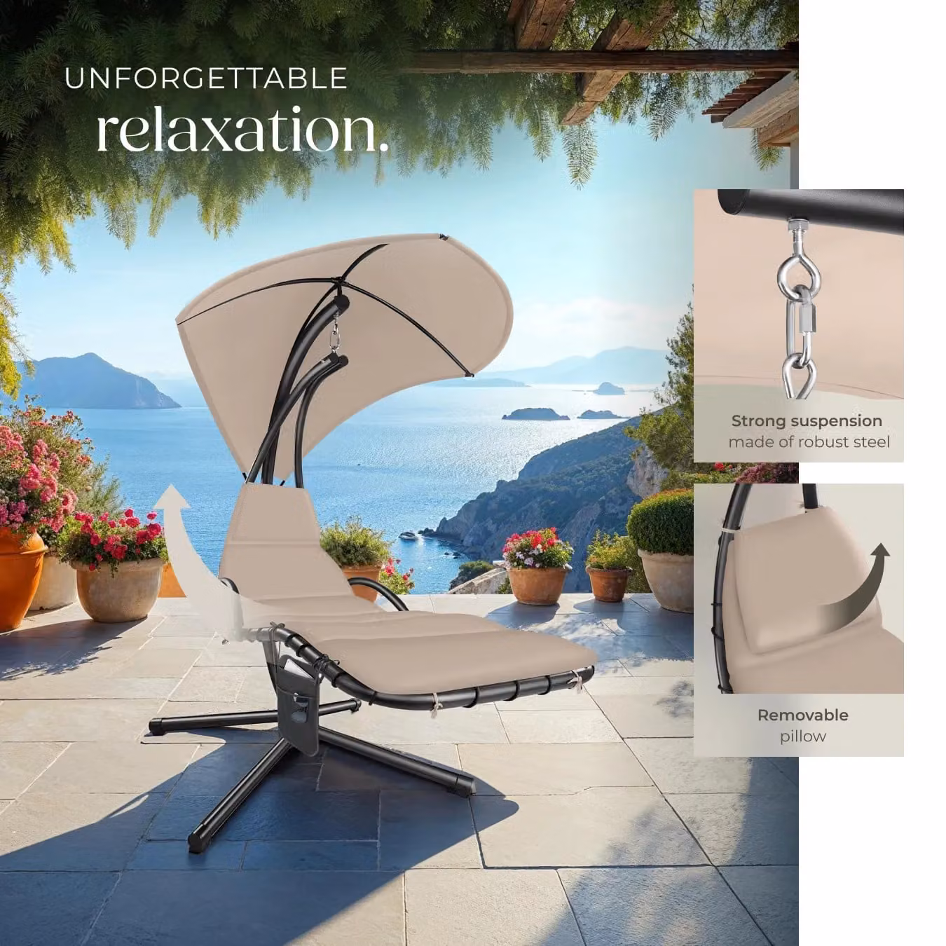 tectake Elaria Hanging Chair in Beige with UV-Protection Sun Canopy – 7