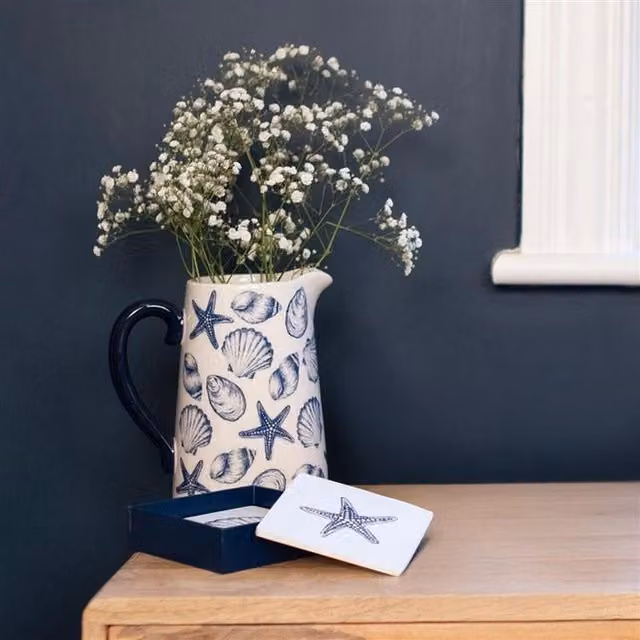 Gloriously Good White Seashell Ceramic Water Jug and Flower Vase