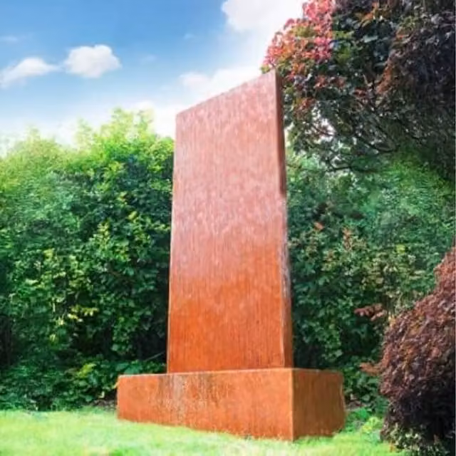 Primrose Corten Steel Rectangular Vertical Wall Fountain and Reservoir with RGB LEDs in Brown
