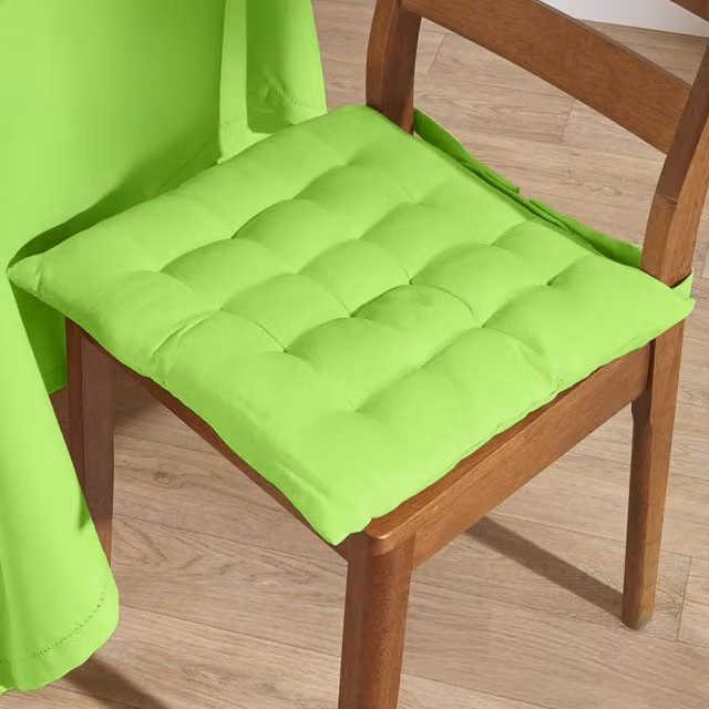 Homescapes Solid Green Cotton Square Seat Pad with Button Straps, Pack of 6