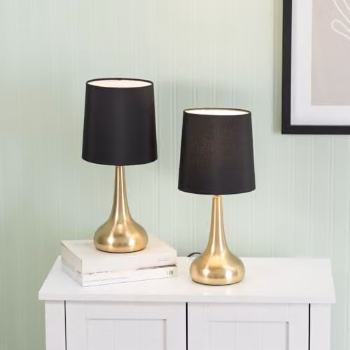 ValueLights Brushed Gold Teardrop Touch Dimmer Table Lamp with Black Fabric Shade and Bulb Included – 3