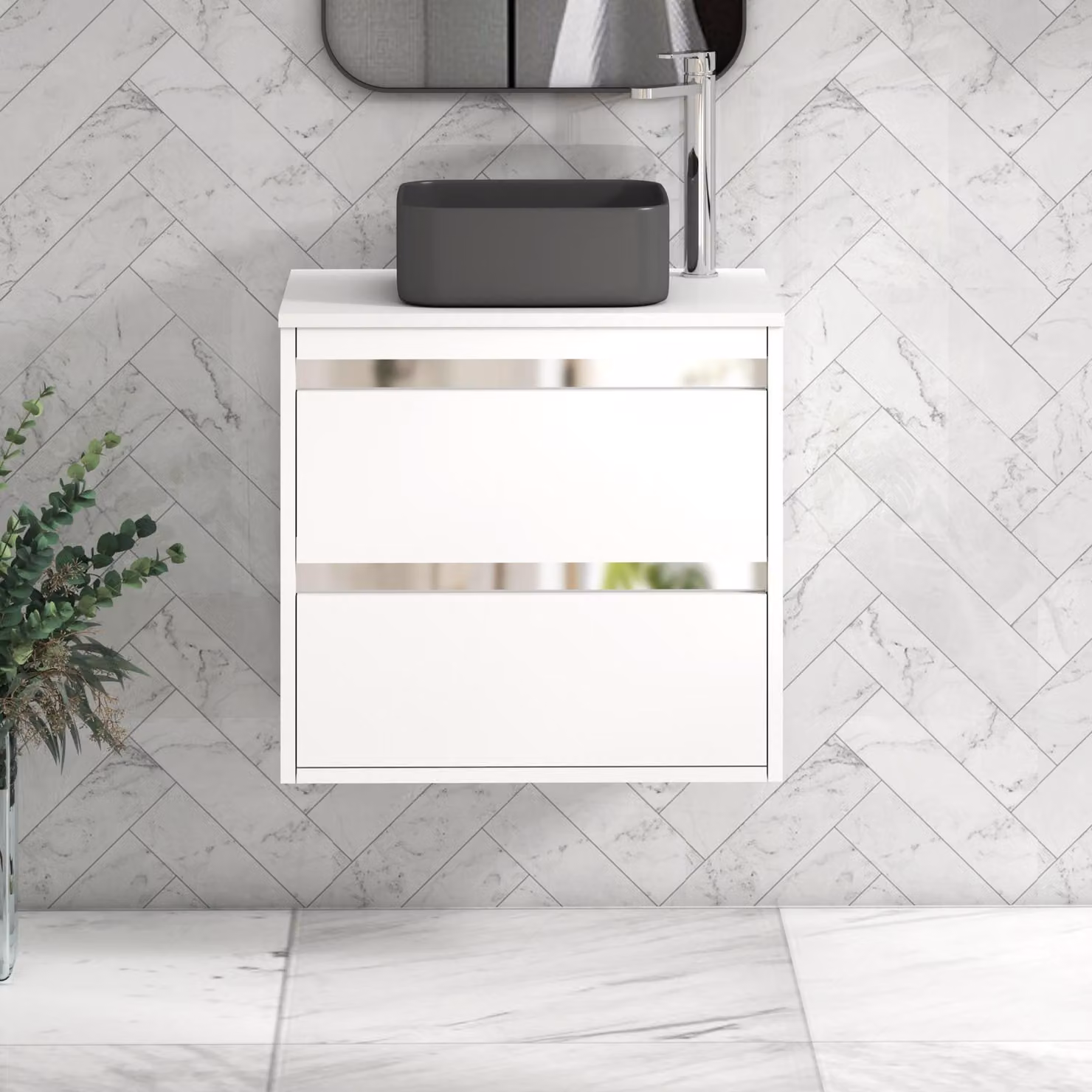 Royal Bathrooms Orion 600mm Matt White Wall Hung 2 Drawer Vanity Unit with Art Square Basin and Chrome Accent Trim
