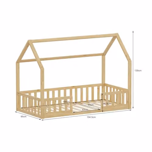 WestWood Montessori House-Shaped Toddler Bed Frame in Natural Solid Pine Wood, Single, W/D/H: 90 x 200 cm – 2