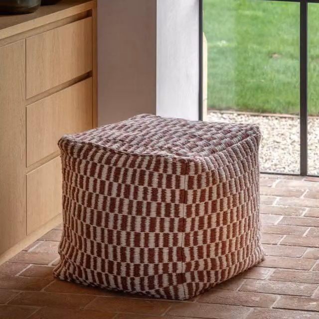 Terrys Knit Fabric Pouffe, Brown, Red and White, W/D/H: 50 x 50 x 50 cm