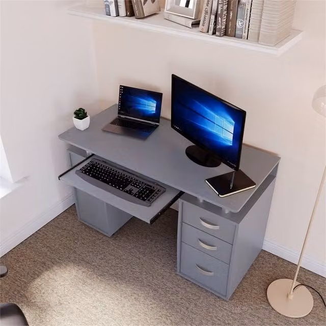 Kelvenix Grey 3-Drawer Computer Desk for Home Office, Width: 100 cm