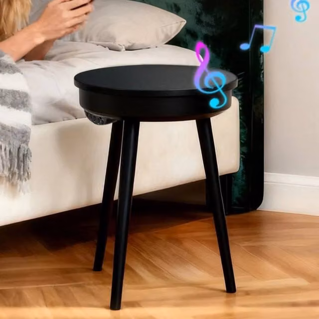 KORVIXA Black Carbon Fiber Smart Side Table with Bluetooth Speaker, W/D: 100 x 100 cm