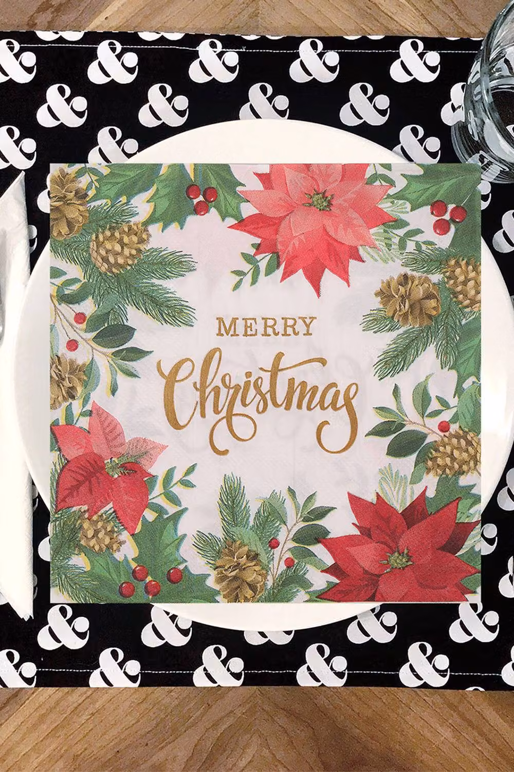Neel Blue Christmas Disposable Paper Napkins with Reindeer, Flower and Leaves, 20 Pack, 33 cm – 5