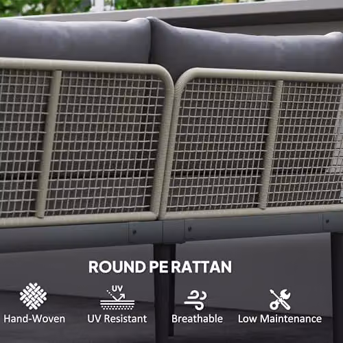 Outsunny 3 Piece L Shaped Rattan Garden Furniture Set with Upholstered Cushions, Grey – 4