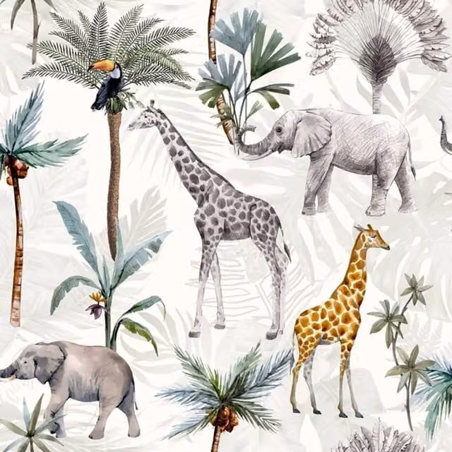 Erfurt Jungle Animals Botanical Wallpaper in Green, Grey, Yellow and White