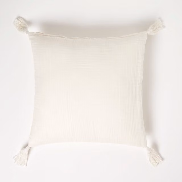 Homescapes Pure Handmade Cotton Muslin Cushion with Removable Cover, White, W/D/H: 45 x 45 x 45 cm