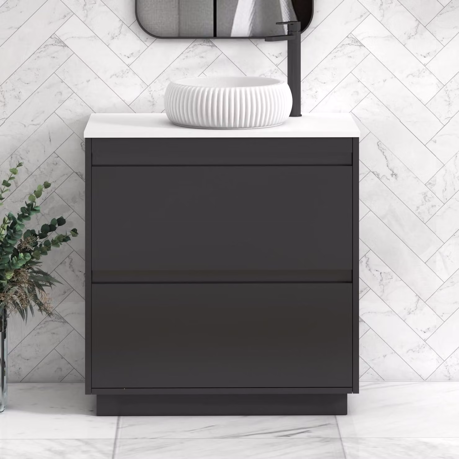 Royal Bathrooms Orion 800mm Matt Obsidian Black and Plain White Floor Standing Vanity Unit with Milan Basin and Black Accent Trim