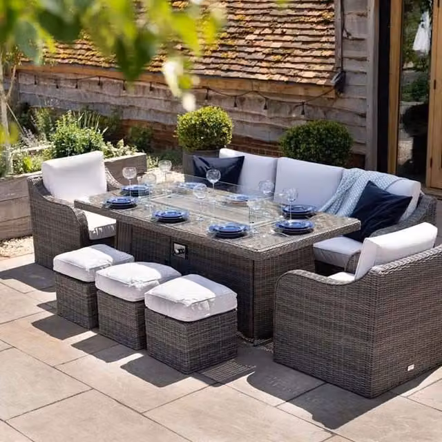 Primrose Modern 8 Seater Rattan Sofa Set with Fire Pit Table in Beige and Grey