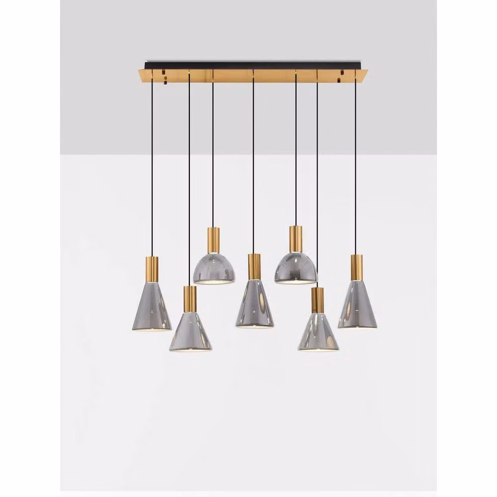 Netlighting Voi Cluster Pendant Light in Grey and Gold/Brass with Smokey Glass, 47W LED, 966lm, Dimmable – 2