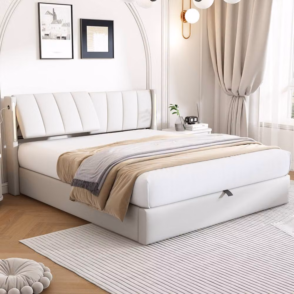 Merax Super King Upholstered Ottoman Bed Frame in White with LED and USB Port – 3