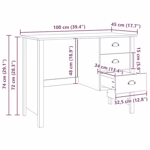 vidaXL Modern Writing Desk with Drawers in Brown Pine Wood, W/D/H: 100 x 45 x 74 cm – 3