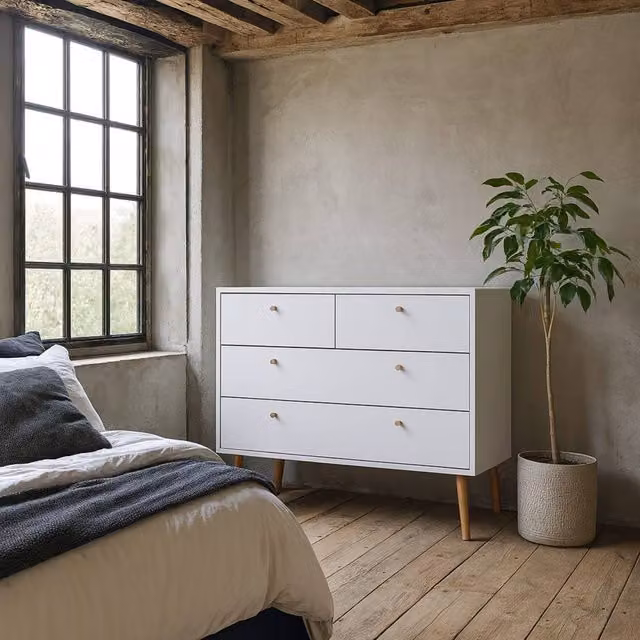 Wyld Haus Quietbloom 4 Drawer White Wooden Chest with Oak Legs and Handles