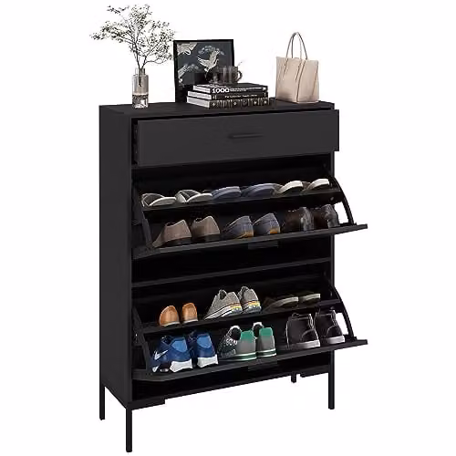 HOMCOM Modern Black Shoe Storage Cabinet with Tilting Compartments and Drawers, H 76 cm x W 110 cm x D 26 cm – 1