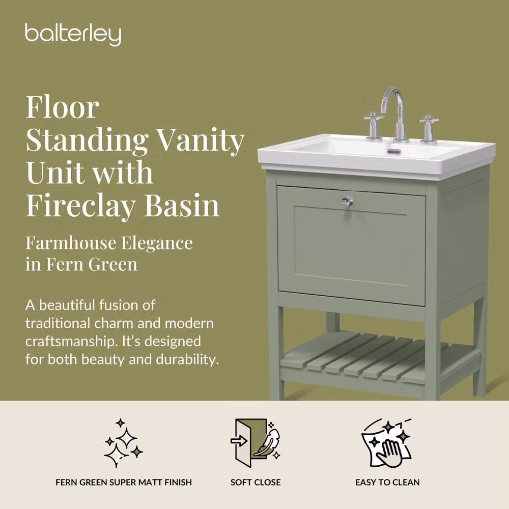 Balterley Bathroom 1 Soft Close Drawer Floor Vanity Unit Basin with Matt Green Finish, W: 63.0 cm, H: 86.5 cm, D: 63.0 cm – 2