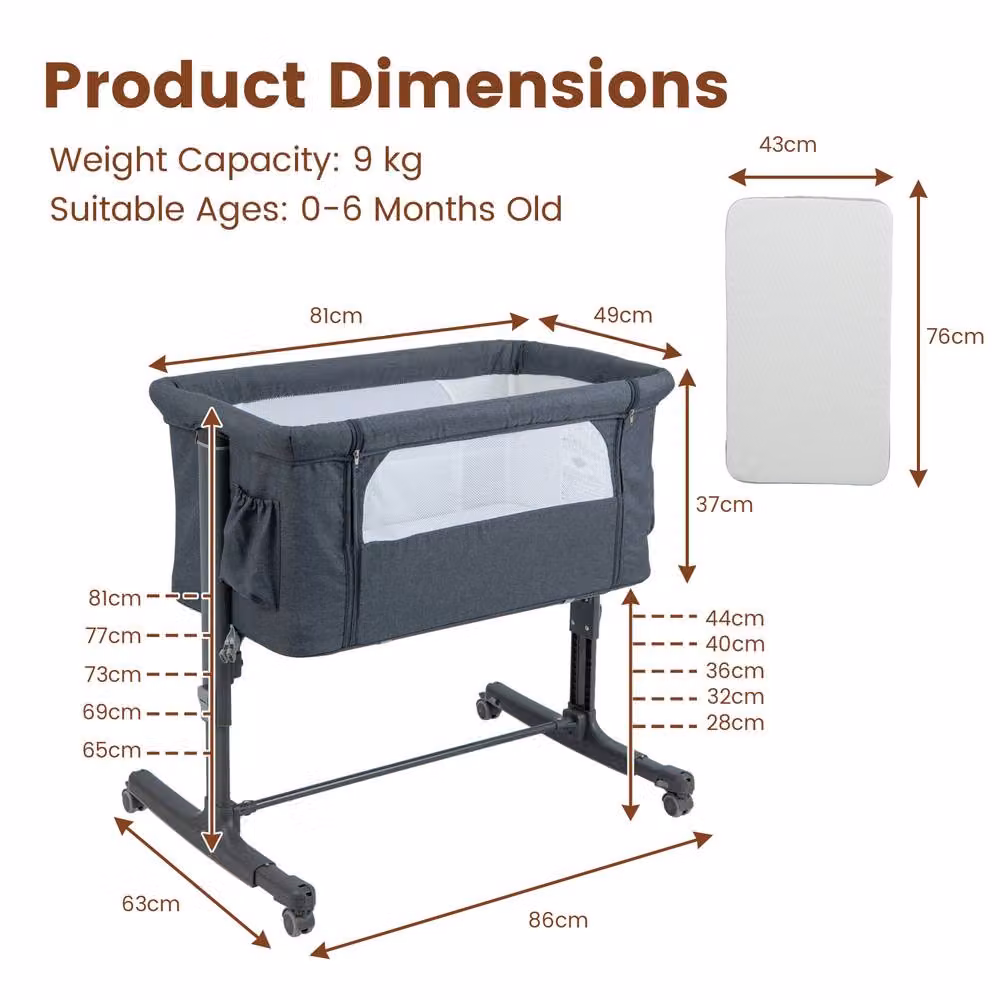 CASART 3-in-1 Height-adjustable Baby Bedside Bassinet and Sleeper in Grey, W/D/H: 120 x 60 cm – 2