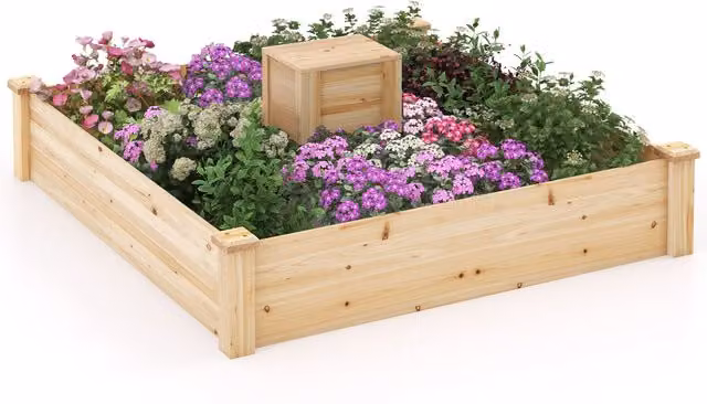 COSTWAY Wooden Outdoor Raised Garden Bed with Composting Bin in Yellow and Brown