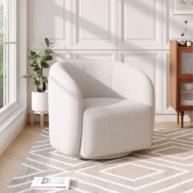 Komore White Bouclé Fabric Swivel Lounge Chair