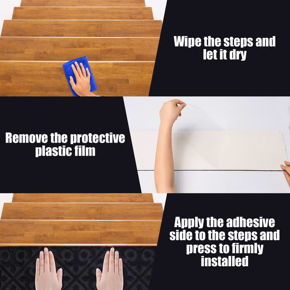 CASART 15-Piece Non-Slip Polyester Stair Mats in Black, W: 76 cm, D: 20 cm – 3