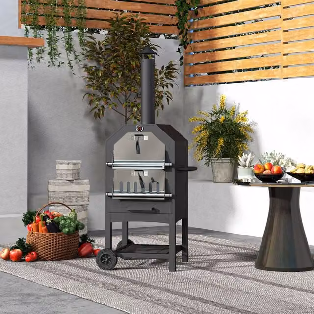 OUTSUNNY 2-in-1 Outdoor Charcoal BBQ Grill and Pizza Oven in Black with 3-Tier Freestanding Design, Rain Cover, Chimney, Thermometer and Bottom Shelf, H 158 x W 66 x D 45 cm – 1