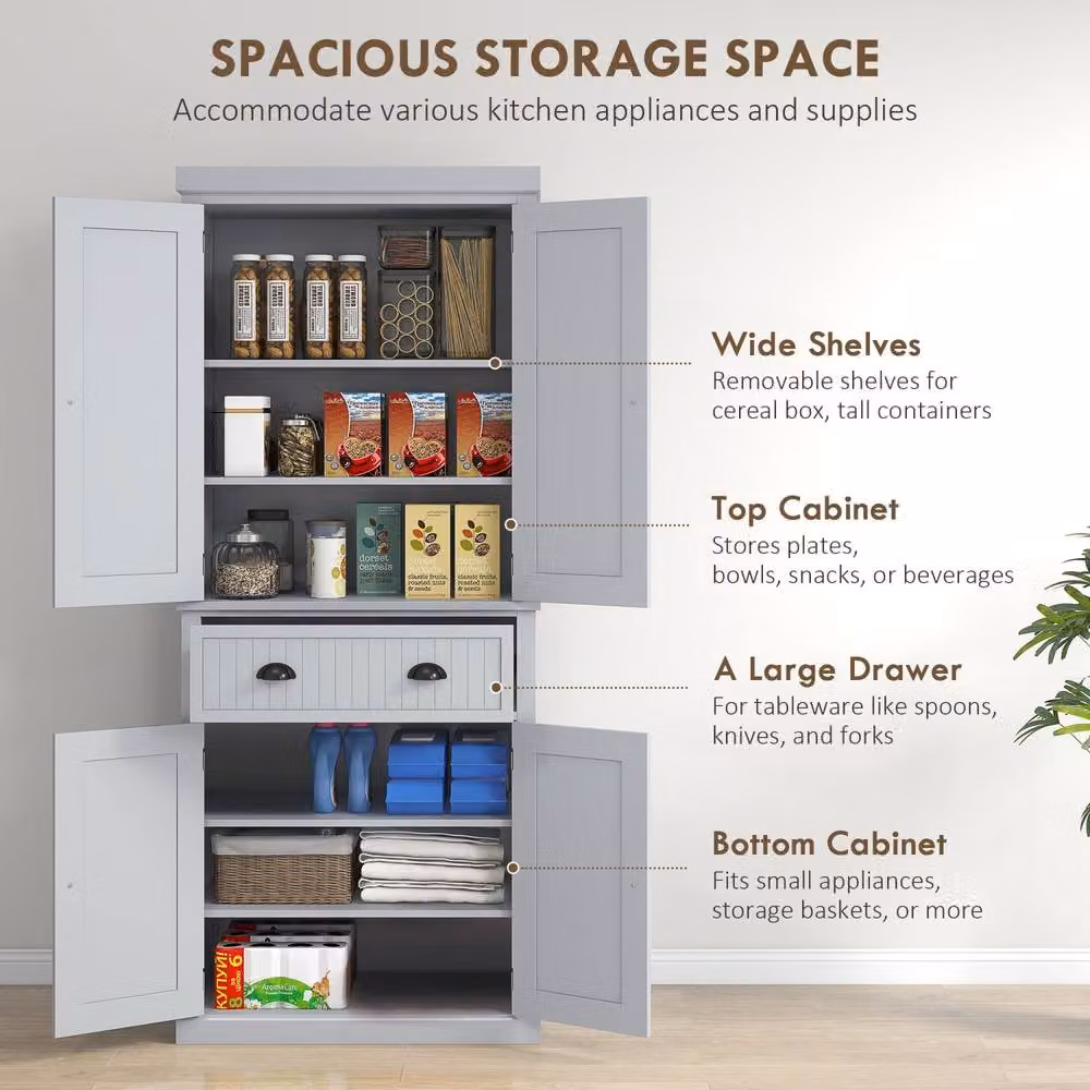Wyld Haus Mid Century Grey Freestanding Panelled Pantry Cabinet, H 183 cm x W 76.2 cm x D 40.2 cm – 3