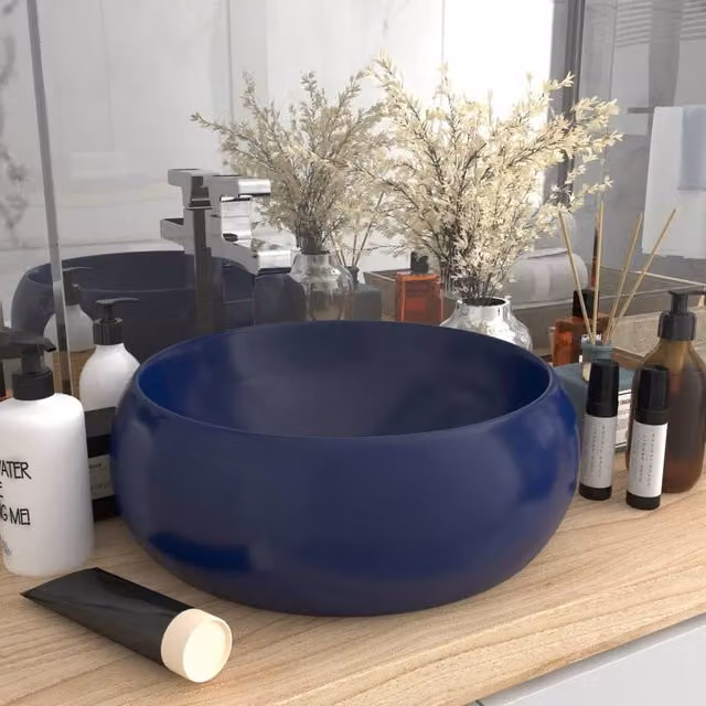 Berkfield Home Luxury Round Ceramic Countertop Wash Basin in Matt Dark Blue, W: 40 cm, H: 15 cm, D: 15 cm
