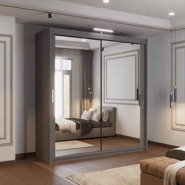 Sliding Wardrobes 4u Modern Sliding Door Wardrobe with Mirror, Shelves, Hanging Rails and Integrated LED Lighting in White and Grey, H 217 cm