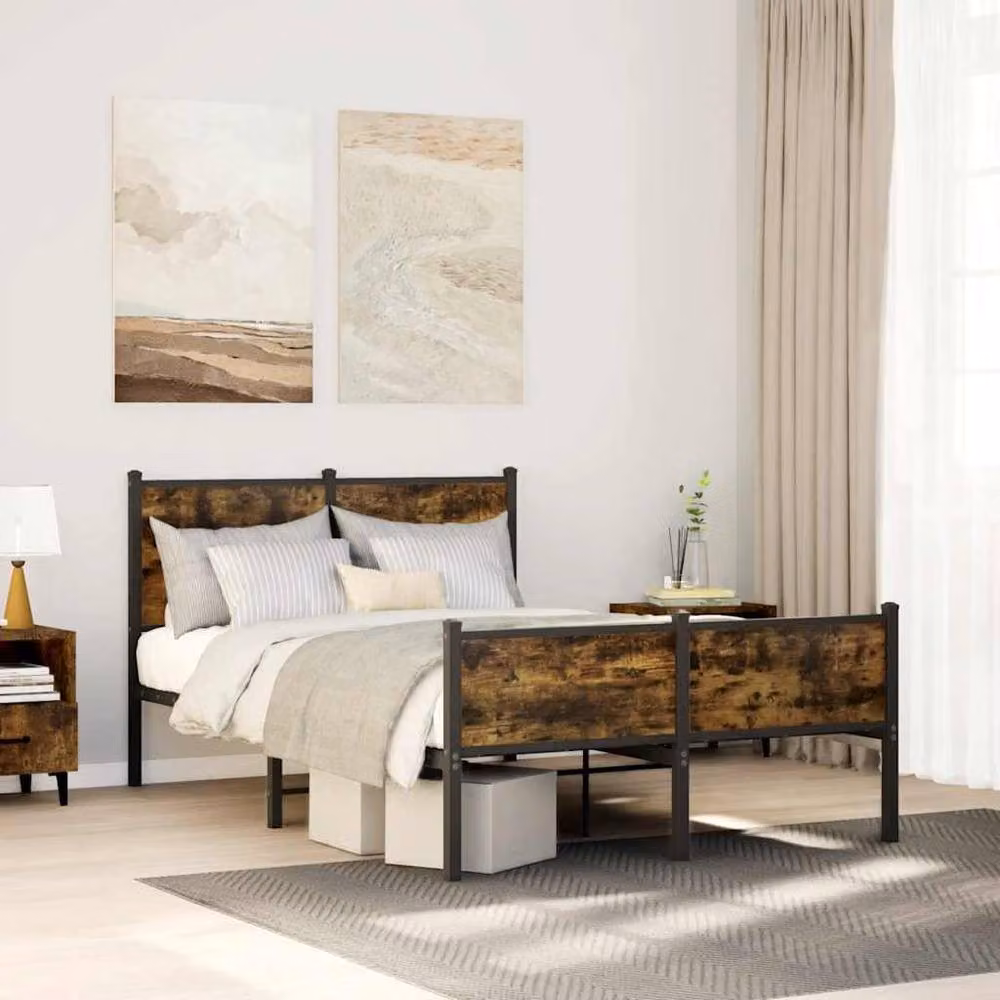 Berkfield Home Metal and Wood Bed Frame in Smoked Oak Brown, Small Double, W/D/H: 120 x 190 cm – 2
