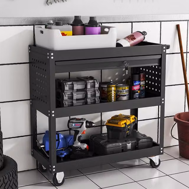 Livingandhome 3 Tier Steel Tool Storage Trolley with Lockable Sliding Drawer, Black